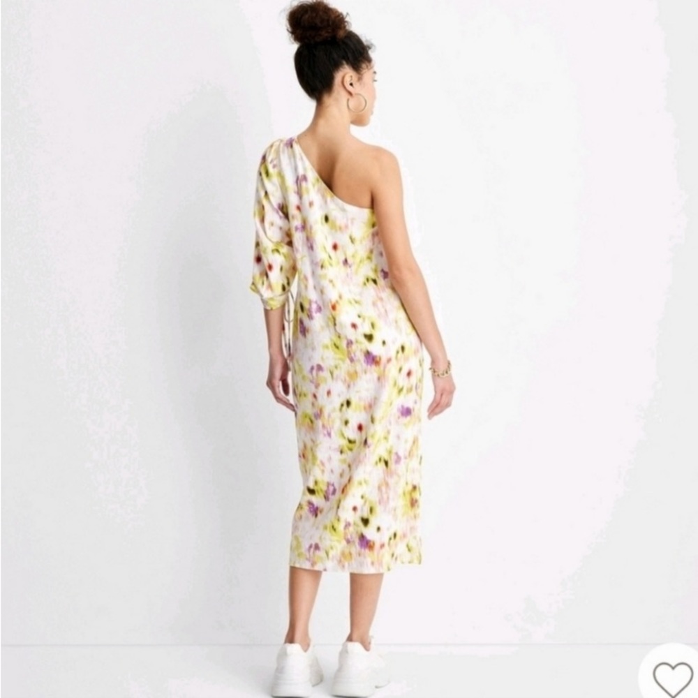 NWT Future Collective Linen blend L/S One Shoulder Midi Dress XXL White Floral - Picture 5 of 10